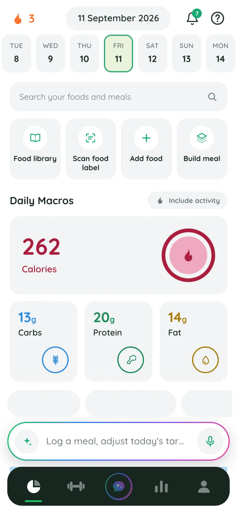 Fitlyze nutrition dashboard: calorie ring, protein, carbs and fat tiles and the active nutrition plan
