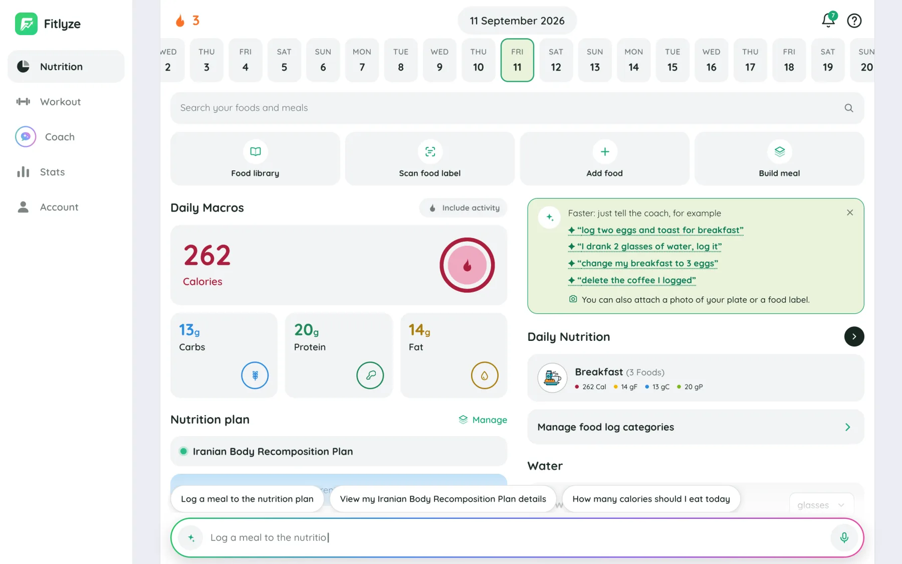 Fitlyze dashboard on a desktop in a multi-column layout