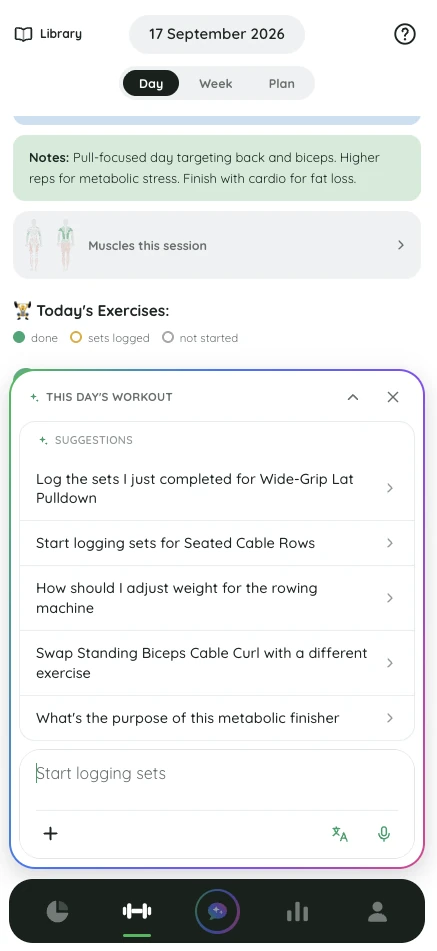 Fitlyze coach suggestions over the training day: log the sets, swap an exercise, or ask what the finisher is for