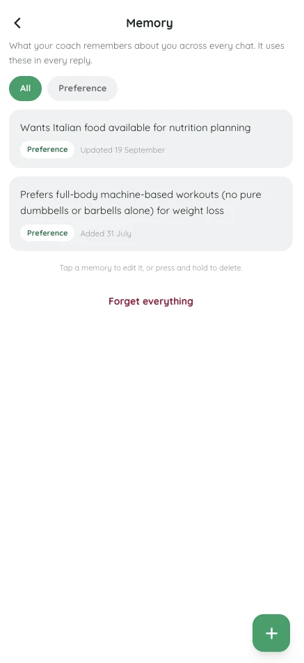 Fitlyze Memory screen listing what the coach remembers, with category chips