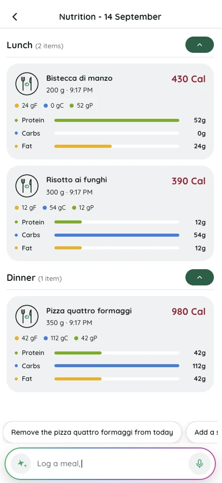 Fitlyze nutrition day: lunch and dinner logged, each with its calories and its macro split