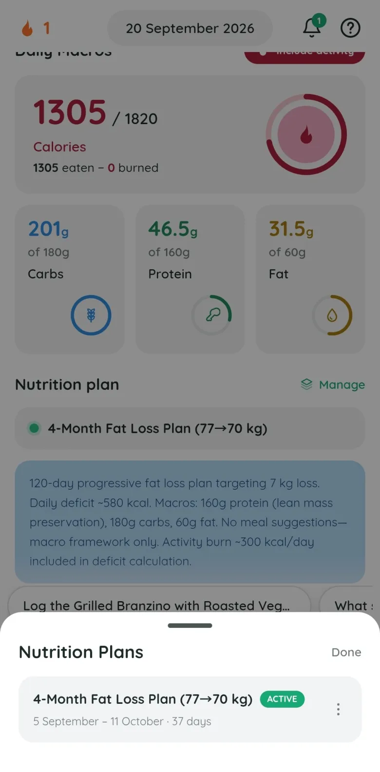 The Fitlyze nutrition plans sheet: the four-month fat loss plan marked active, 5 September to 11 October