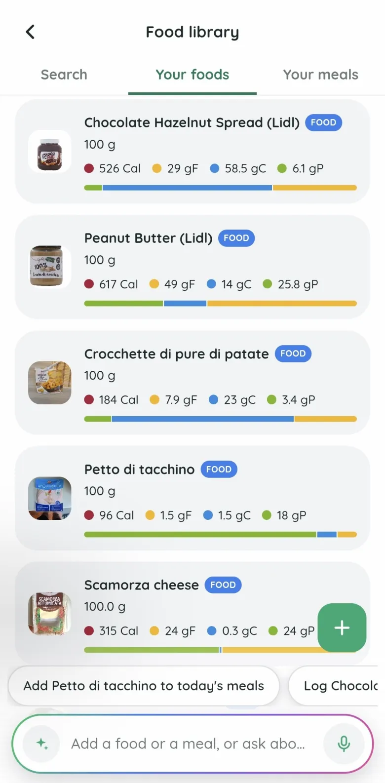 The Fitlyze food library on Your foods: saved foods with calories and a macro breakdown per 100 g