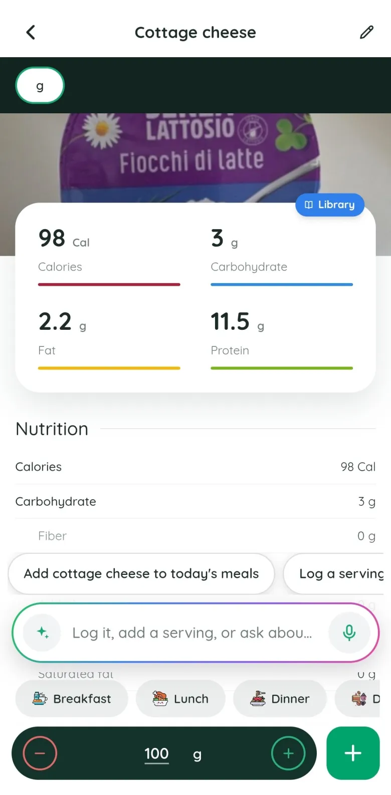 A food in Fitlyze: cottage cheese with calories, carbs, fat and protein, the full nutrition table, and a serving ready to log