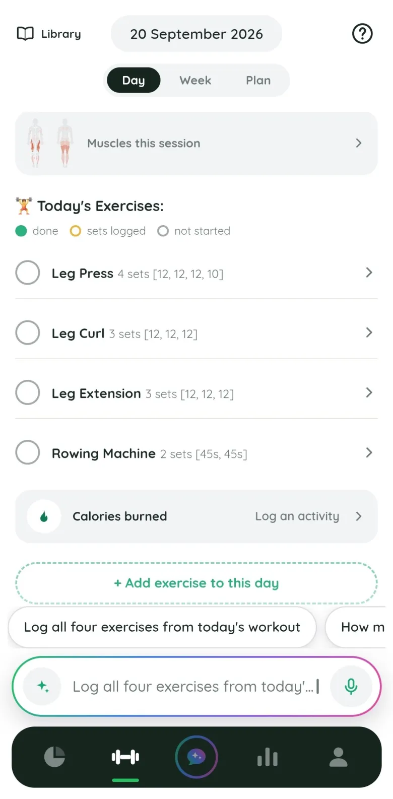 Today's Fitlyze exercises: leg press, leg curl, leg extension and rowing machine with their sets, above the calories burned card