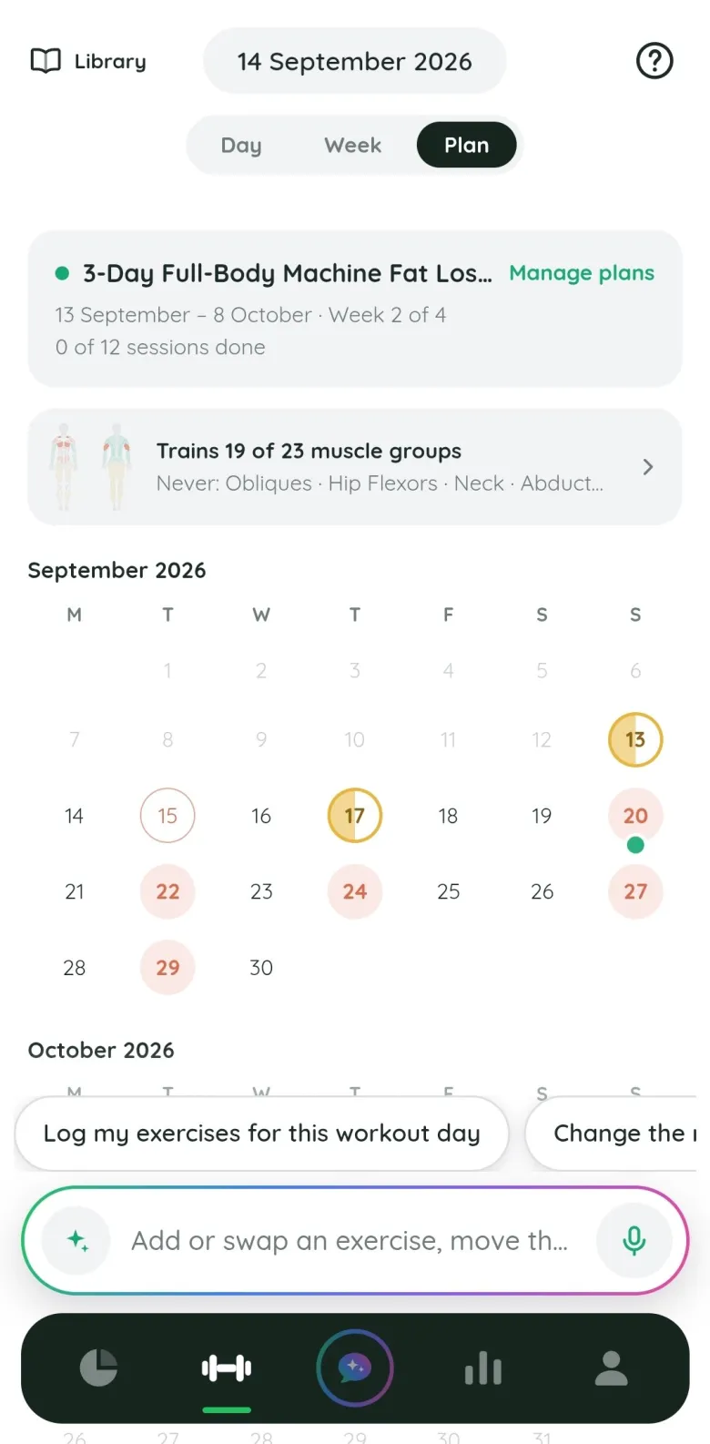The Fitlyze plan calendar: the 3-day full-body plan across September, week 2 of 4, training 19 of 23 muscle groups